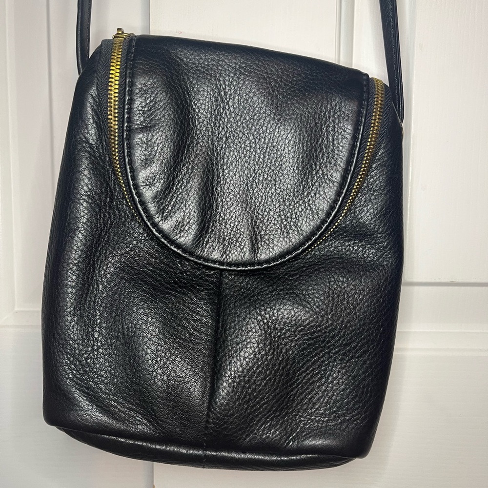 HOBO "Fern" Black Crossbody Bag with Pebbled Leather and Curved zipper Flap